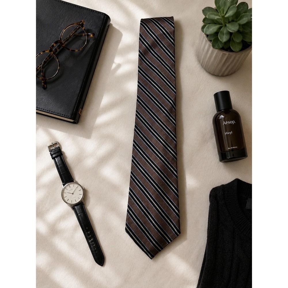 Mervyns Mens Silk Necktie Brown Black White Diagonal Striped Classic Formal Tie
